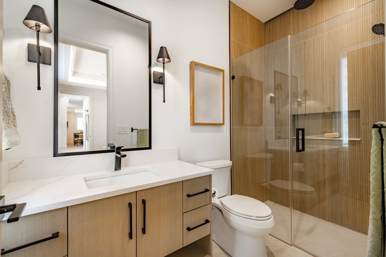 Newly built home bathroom interior with marble floors