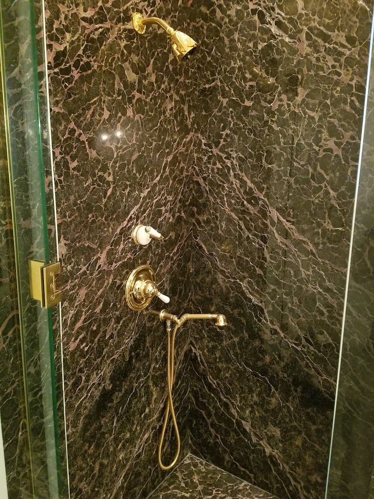 Modern shower enclosure with dark marble walls, brass fixtures, and rainfall showerhead