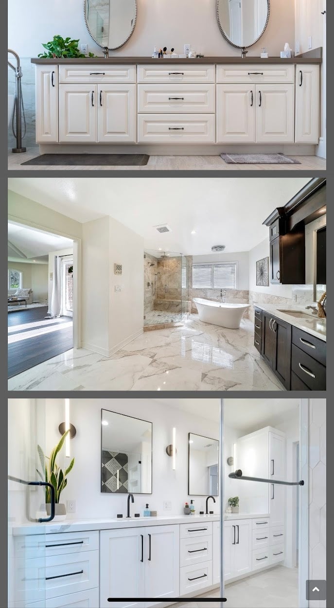 Three bathroom vanity designs showcasing white cabinetry and marble countertops
