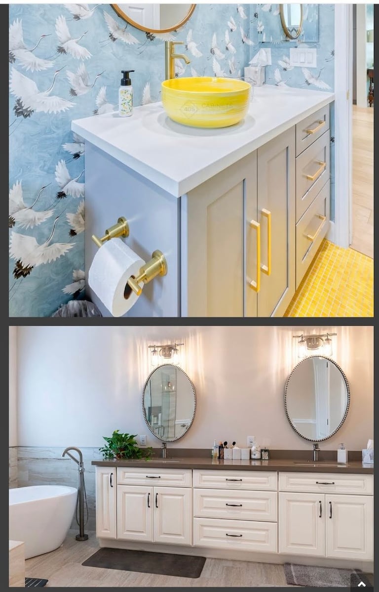 Modern bathroom designs with blue patterned wall and dual vanity